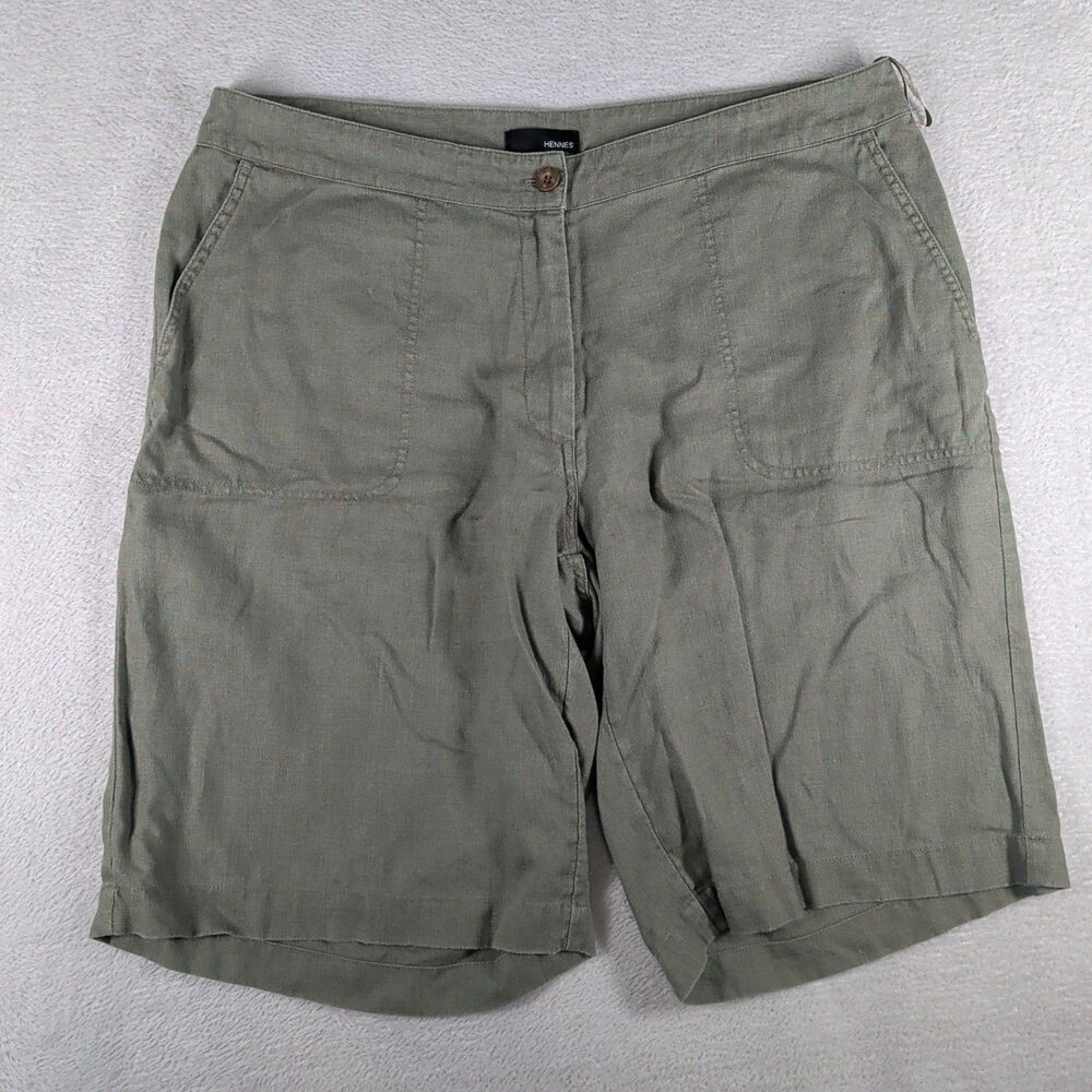 Hennes Linen Bermuda Shorts Women's 16 Olive Green Beachy Longer